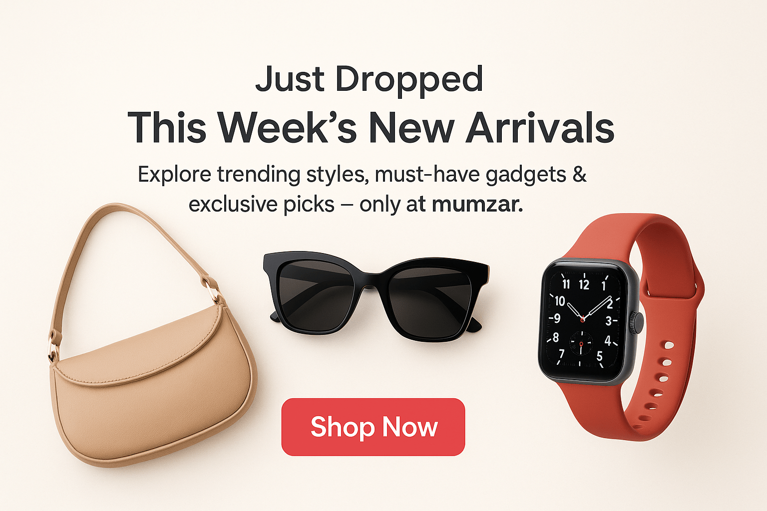New arrivals UAE online shopping featuring stylish handbag, sunglasses, and smartwatch for trendy outfits